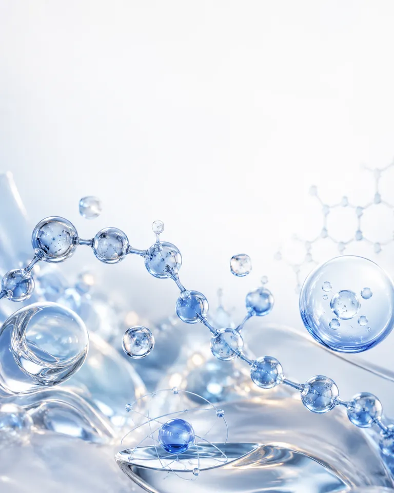 Translucent blue peptide-chain molecules and glass spheres suspended in a watery serum, representing the neuropeptide category of the Selfore Whisper formulation.