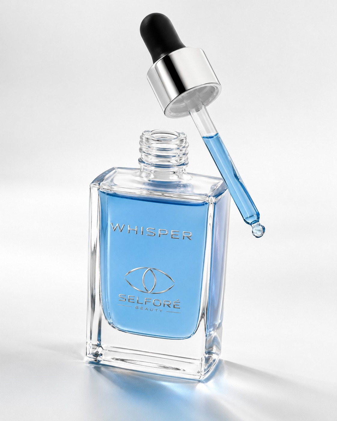 Whisper bottle with dropper extended, blue serum visible